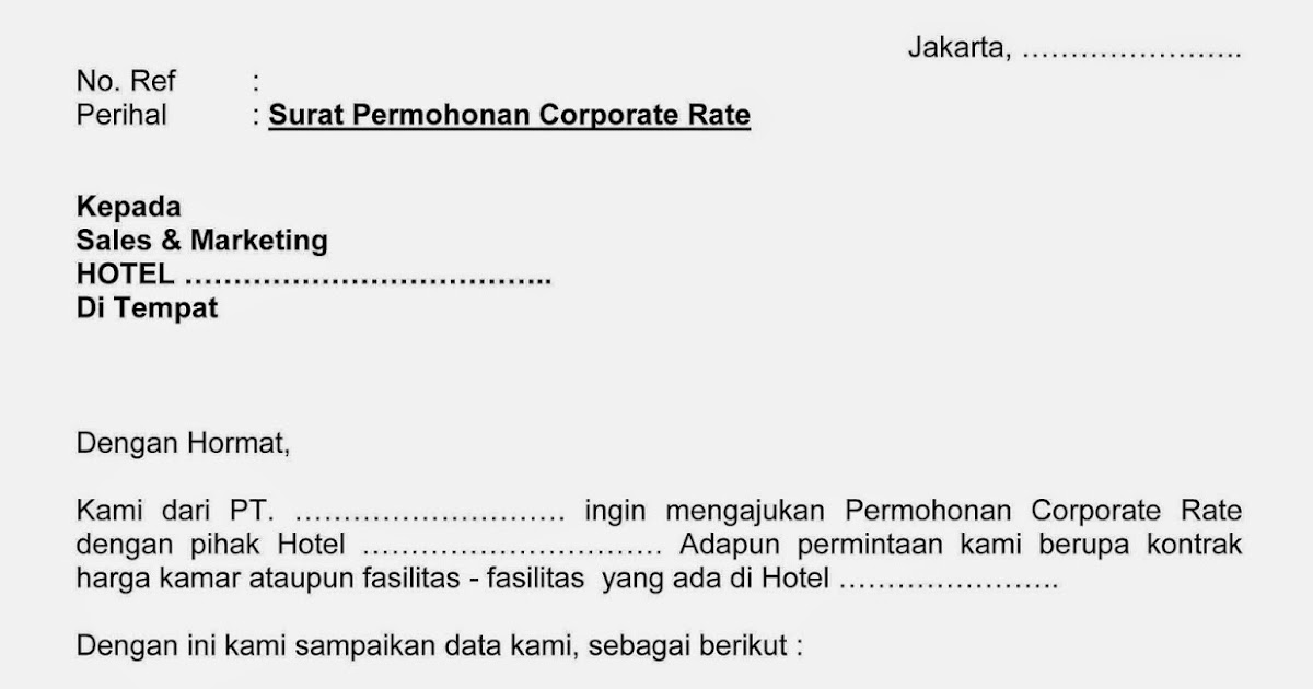 Contoh Surat Permohonan Harga Corporate Hotel Contoh Surat