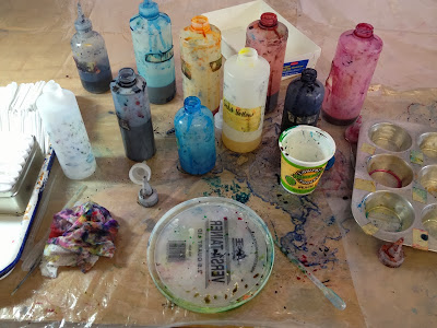 My dye bottles and messy dye workspace