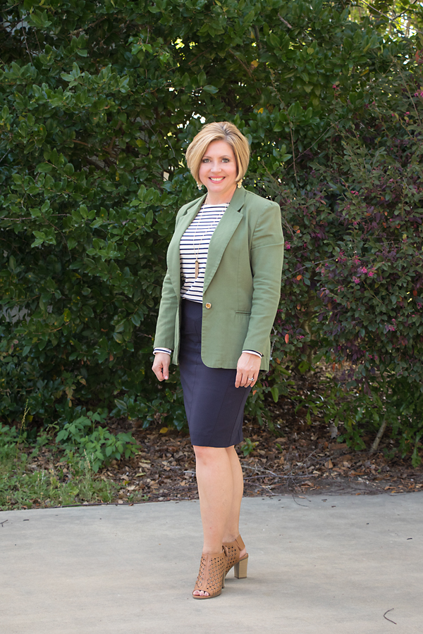 Olive blazer and navy pencil skirt Savvy Southern Chic
