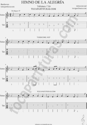 Partitura de la Tablatura y punteo del Himno de la Alegría para Guitarra en Fa Mayor Ode to Joy Sheet Music for Guitar Tabs in F