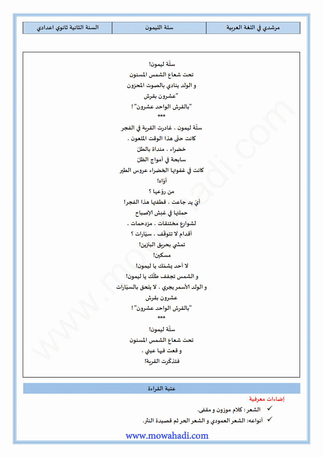 تحضير النص القرائي سلة الليمون للسنة الثانية عدادي في مادة اللغة العربية