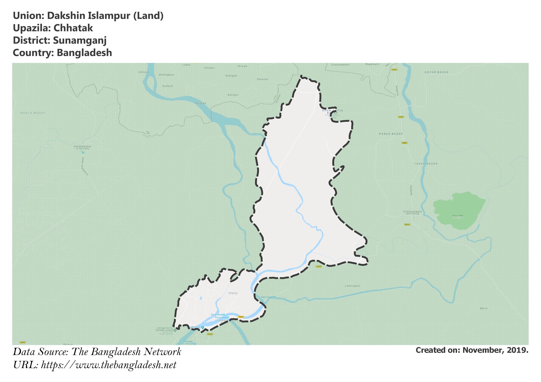 Map of Dakshin Islampur of Sunamganj, Bangladesh.
