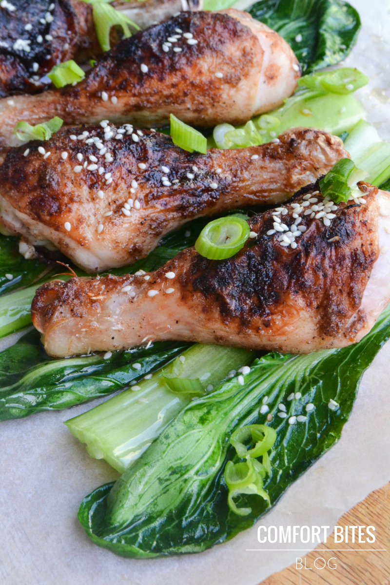 COMFORT BITES BLOG Crispy Chinese Chicken Drumsticks with Sesame Pak Choi