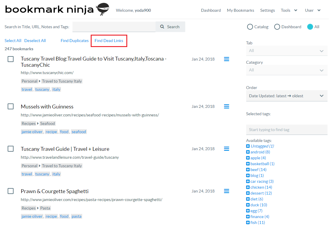 Bookmark Ninja New Feature Find Dead Links