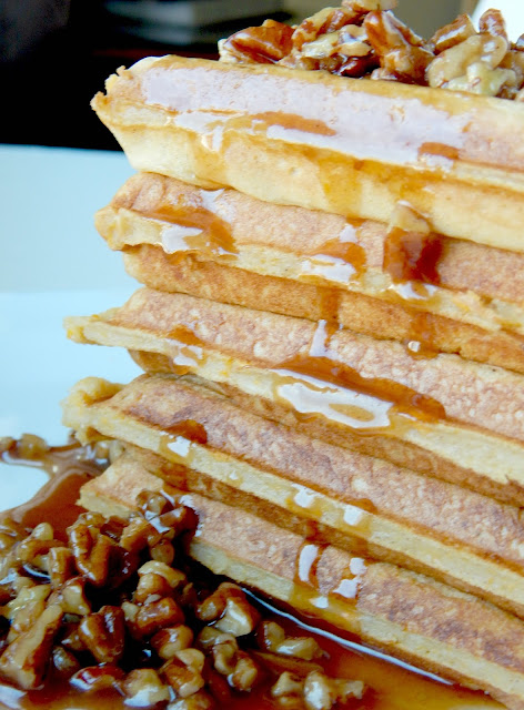 Sweet Potato Waffles with Caramel Pecan Topping...Crispy, rich, sweet and a topping that is over the top! (sweetandsavoryfood.com)
