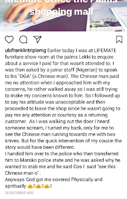 3 Police detain Chinese man who attempted to stab Ubi Franklin at a furniture show room in Lekki