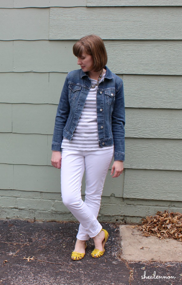 Spring casual look with denim jacket and white jeans | www.shealennon.com