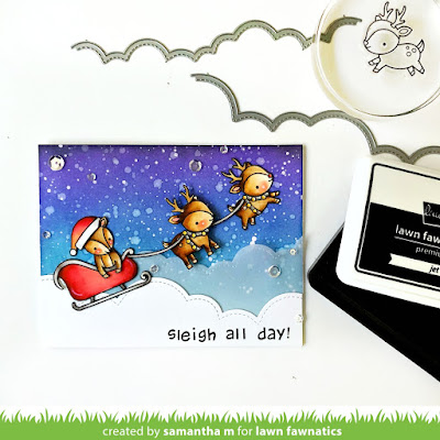 Sleigh All Day Card by Samantha Mann for Lawn Fawnatics Challenge Blog, Distress Inks, Ink Blending, Christmas, Sequins, Cards, handmade Cards, Stamping #distressinks #lawnfawn #lawnfawnatics #inkblending #christmascards #cards