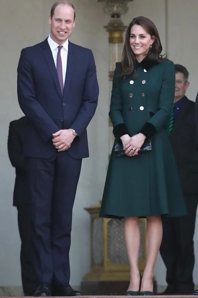 Kate Middleton wore Catherine Walker Bespoke Coat, Monica Vinader Onyx Siren Earrings and Gianvito Rossi Suede Pumps