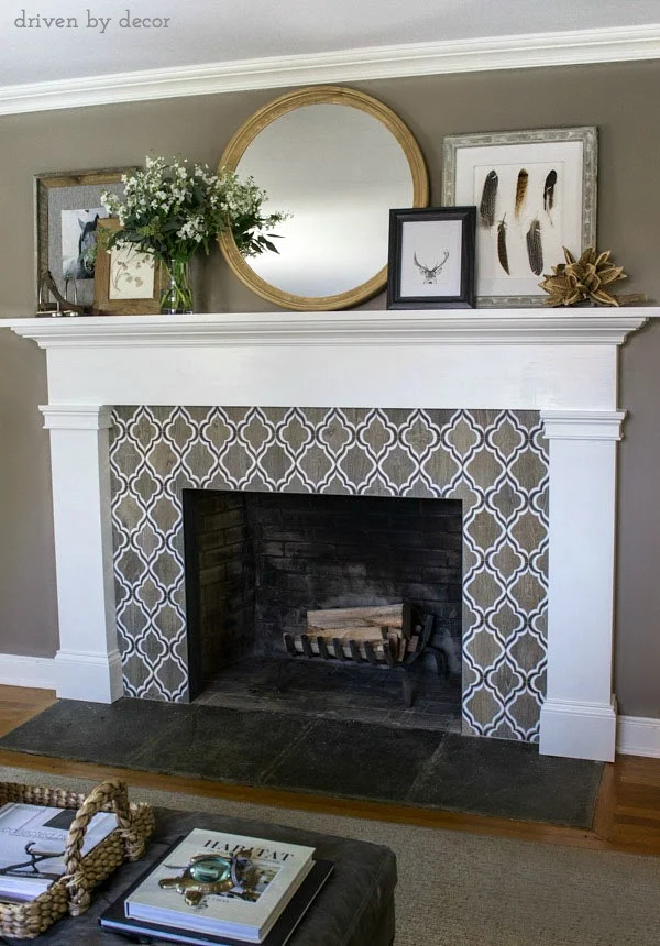 wood tile fireplace