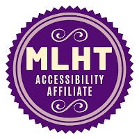 A purple rosette featuring the words "MLHT Accessibility Affiliate"