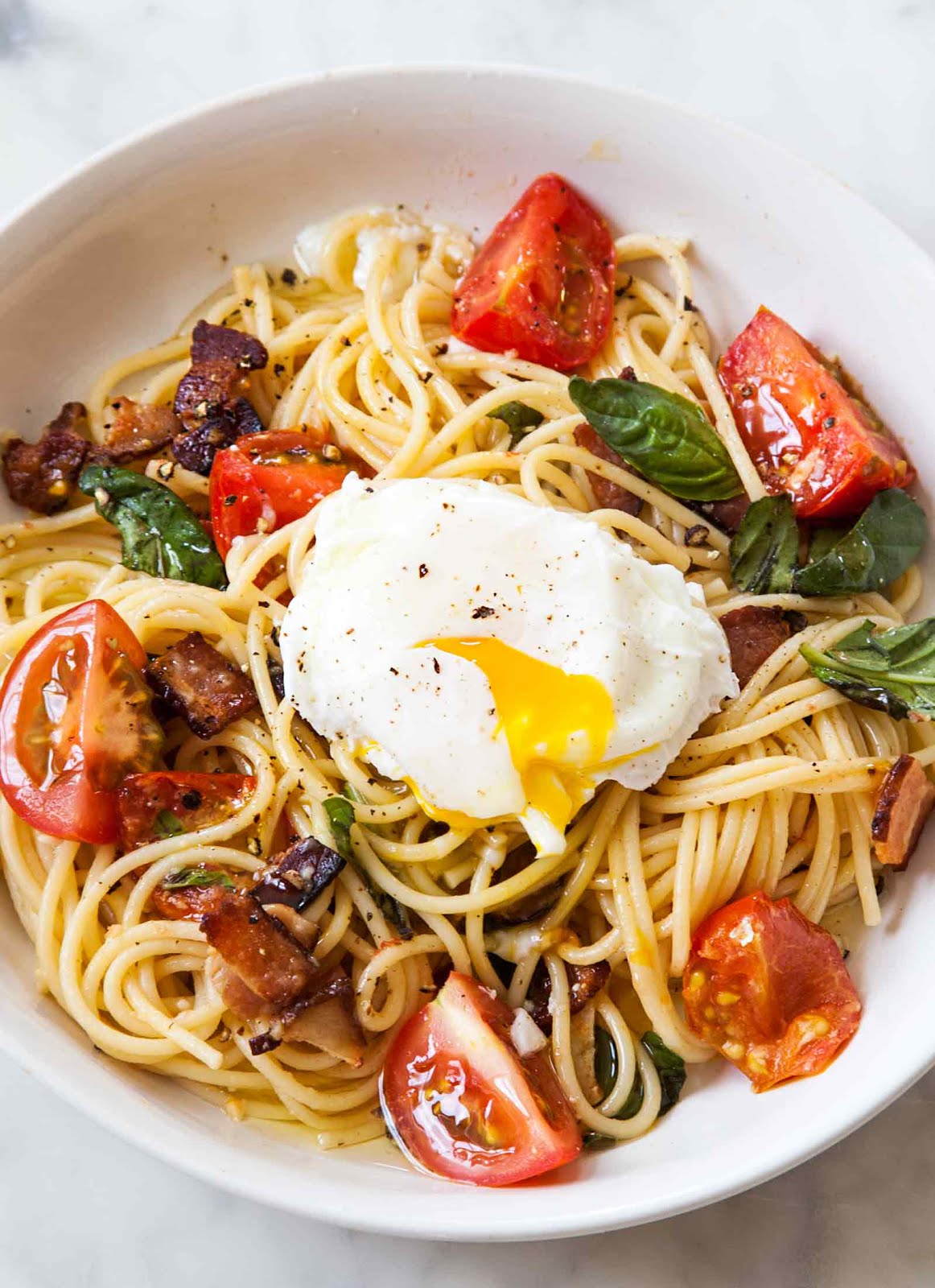 Recipes for New Moms Spaghetti with Tomatoes, Bacon, and Eggs
