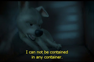 Bolt the supe-rdog stumbles groggily in a metallic kennel, while proclaiming, "I can not be contained… in any… container!"