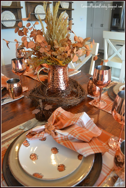 Fall Copper Leaves Tablescape and Hop - Corner of Plaid and Paisley