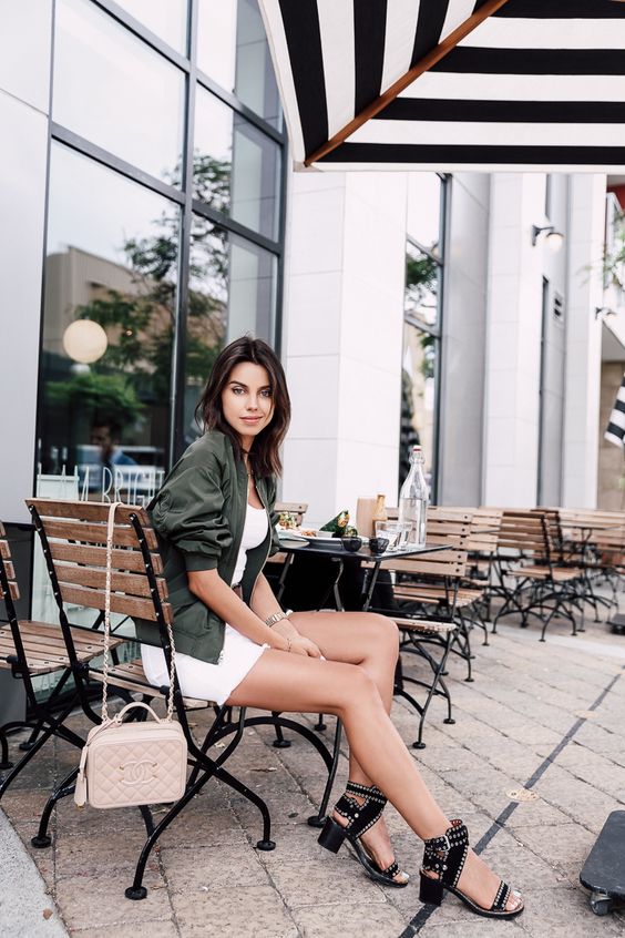 Viva Luxury - Green Bomber Jacket, Chanel Bag, Isabel Marant Studded Sandals