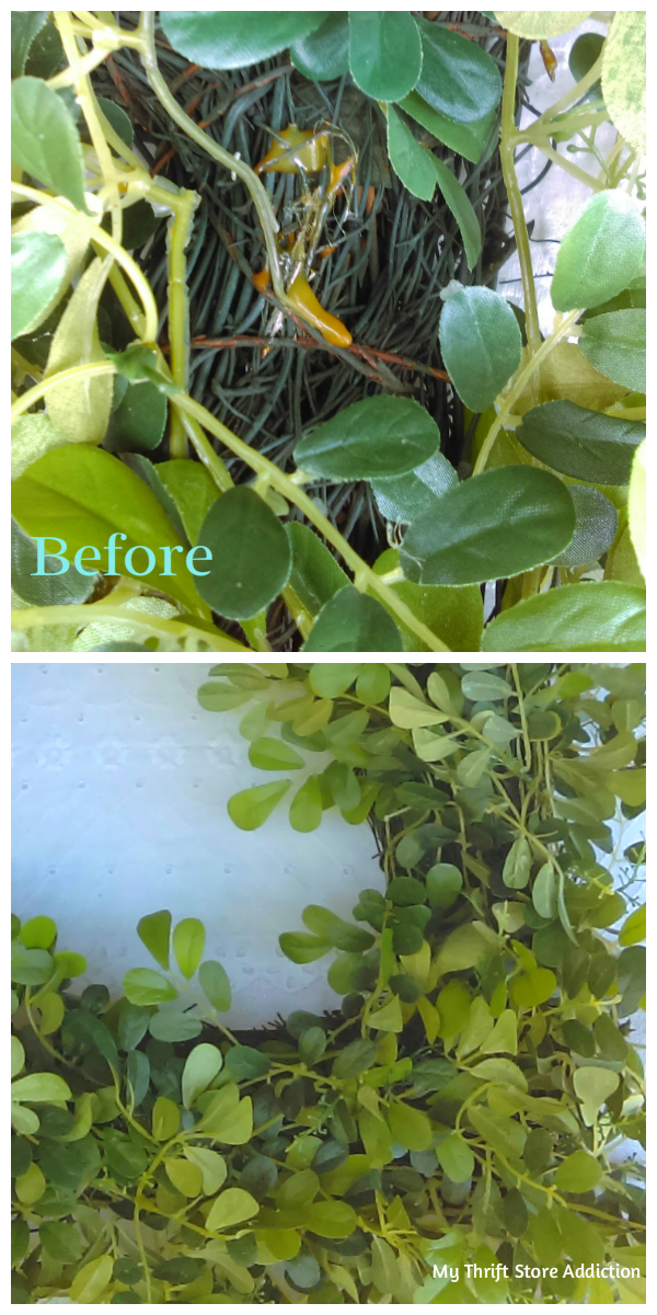 A thrift store boxwood wreath gets a little love and a gorgeous new look with this simple upcycle! mythriftstoreaddiction.blogspot.com Thrift store boxwood wreath upcycle