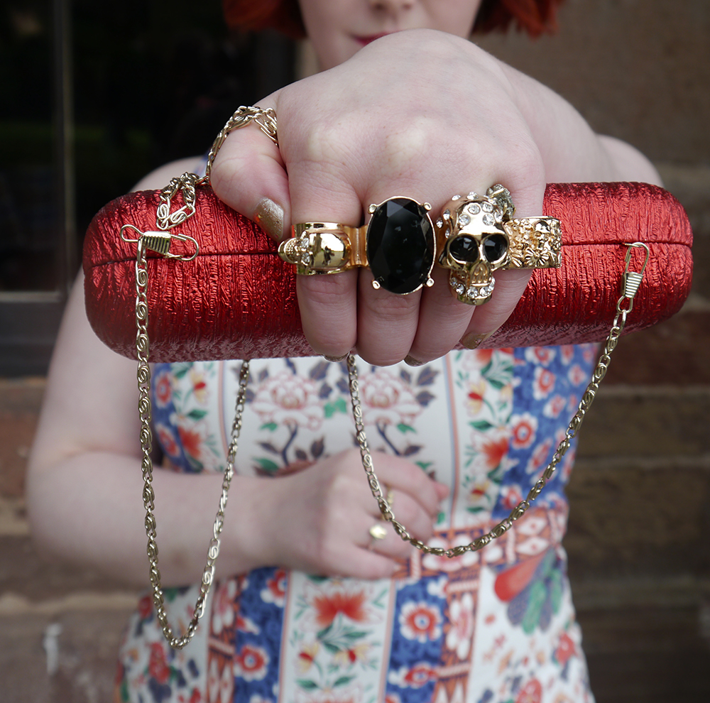Fun Clutch Bag with Skull Detail What Helen Wore, wedding guest style, wedding guest outfit, floral dress, florals, flower print dress, Oasis dress, V&A x Oasis, V&A print, Dorothy Perkins, TK Maxx, floral print, Fasque Castle, Scottish blogger, wedding season
