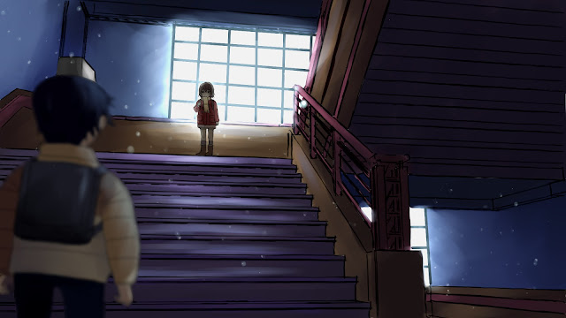 Tapeta przedstawiająca rysunek wnętrza szkoły oraz Hinazuki i Satoru