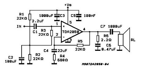 32W Hi-Fi Audio Amplifier Using TDA2050 Circuit Diagram