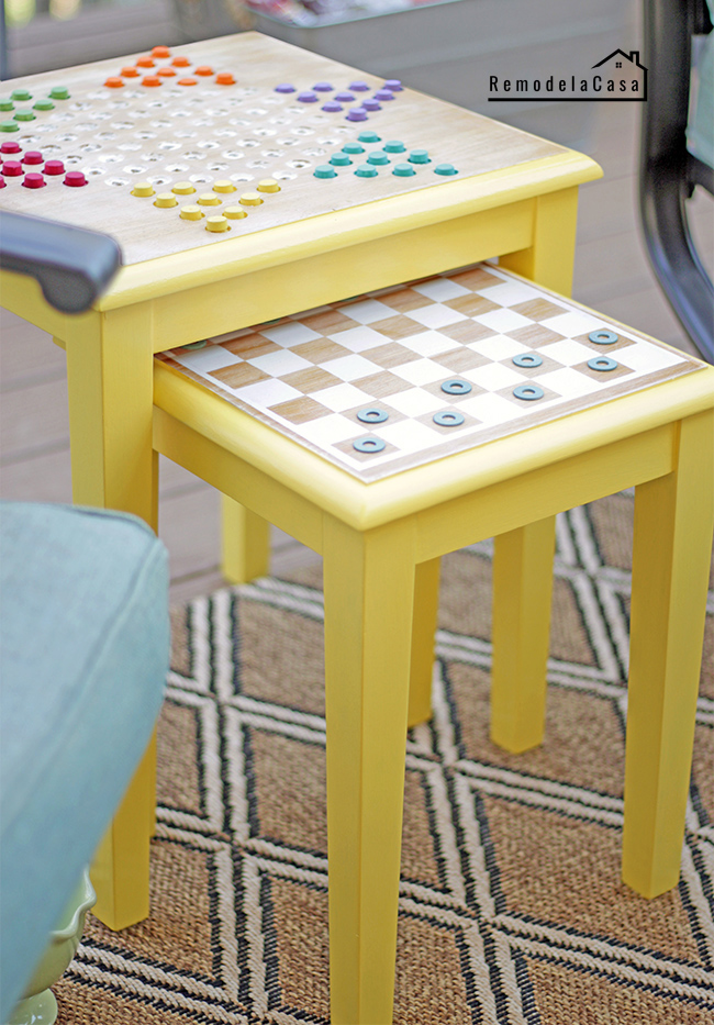 white nesting tables with Chinese checkers game on it #diygamechallenge