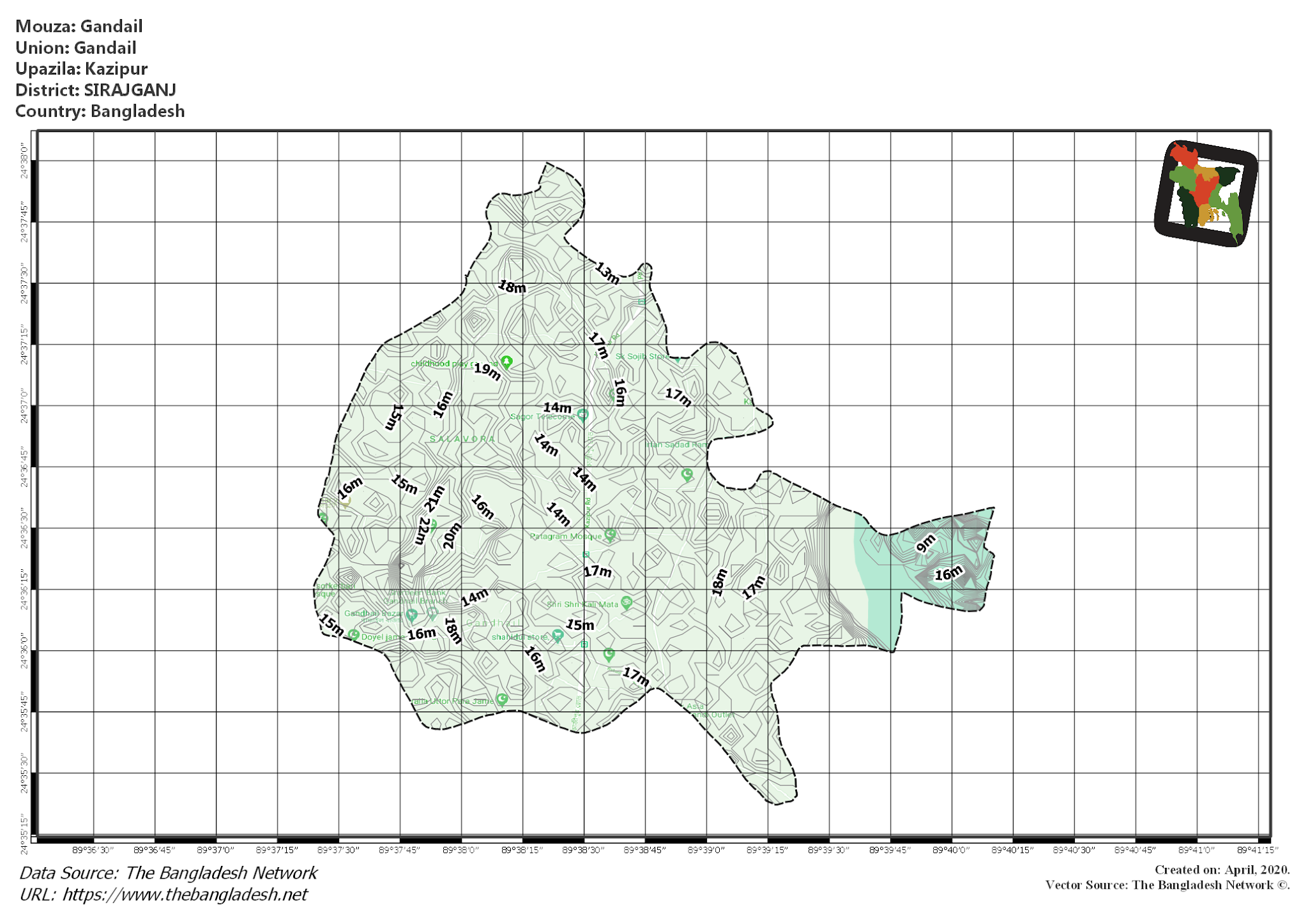 Map of Gandail Mouza of Kazipur Upazila, SIRAJGANJ, Bangladesh.