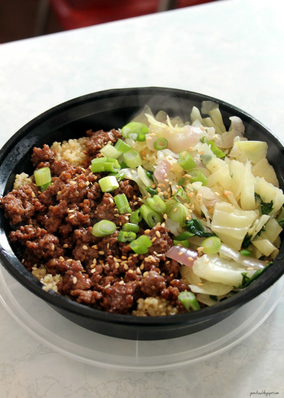 Jo and Sue Korean Beef and Quinoa Bowl with Cabbage and Spinach