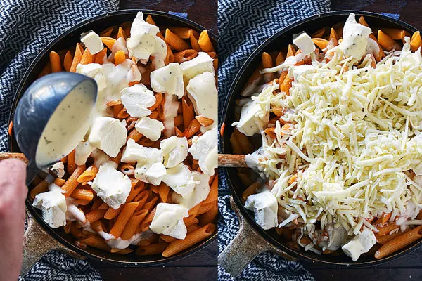 Step by step photos showing how to combine ranch dressing, cream cheese, and mozzarella to make buffalo chicken pasta recipe