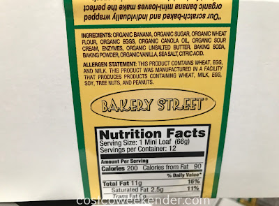 Nutritional info for the Bakery Street Organic Banana Mini-Loaf Cake
