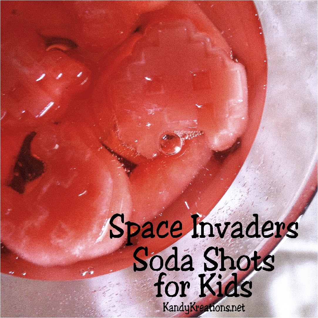 Let your little guests fire away at the Space Invaders at their next arcade or video game party with this deliciously, easy Soda shot.  Filled with Koolaid ice cubes and 7-up it is perfect for downing the bad guys and filling up.