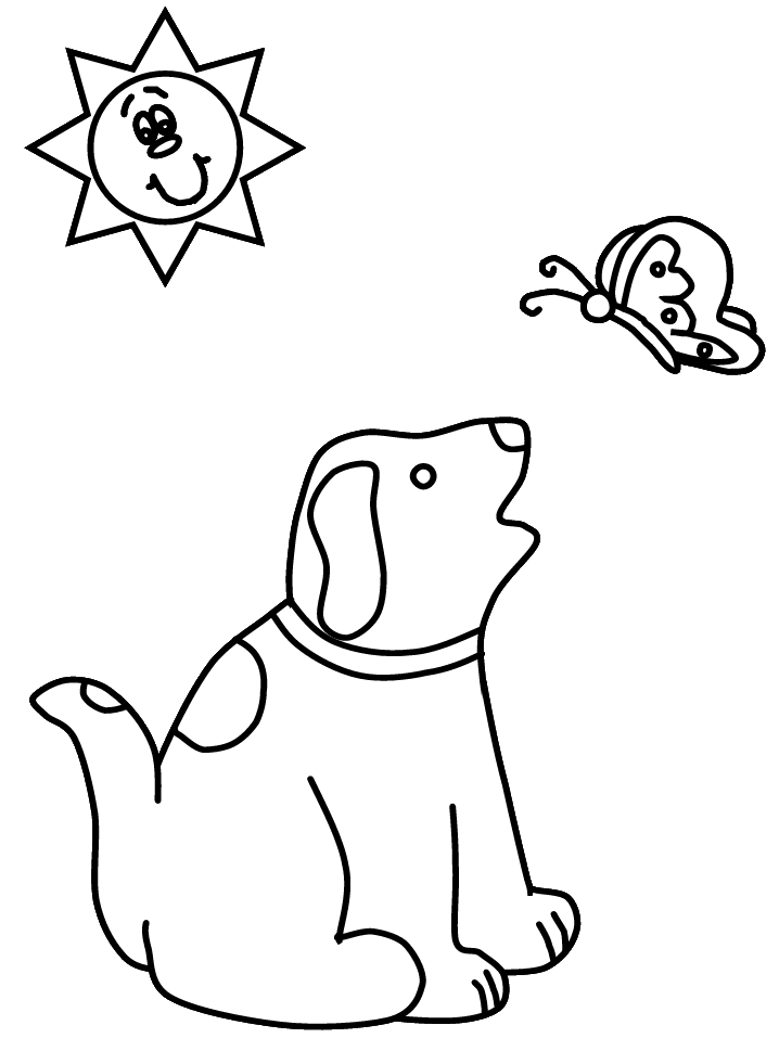 Honden kleurplaat van een hond met vlinder en zon
