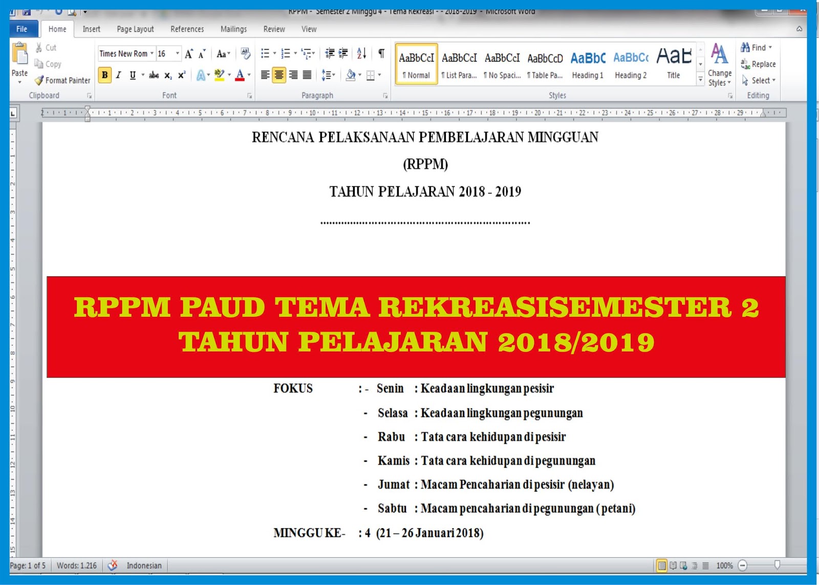 Rppm Paud Tema Rekreasi Semester 2 Tahun Pelajaran 2018 2019