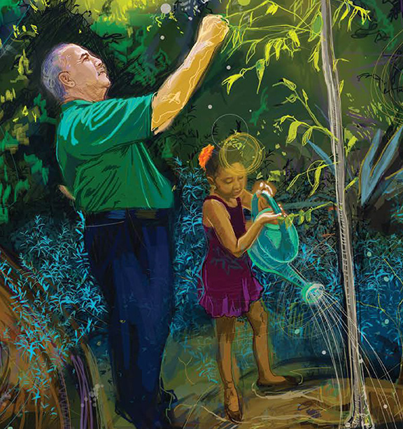 Excerpt from the text. Features an illustration of a child and their grandfather caring for a tree. The child is watering the tree while the grandfather examines the leaves. 