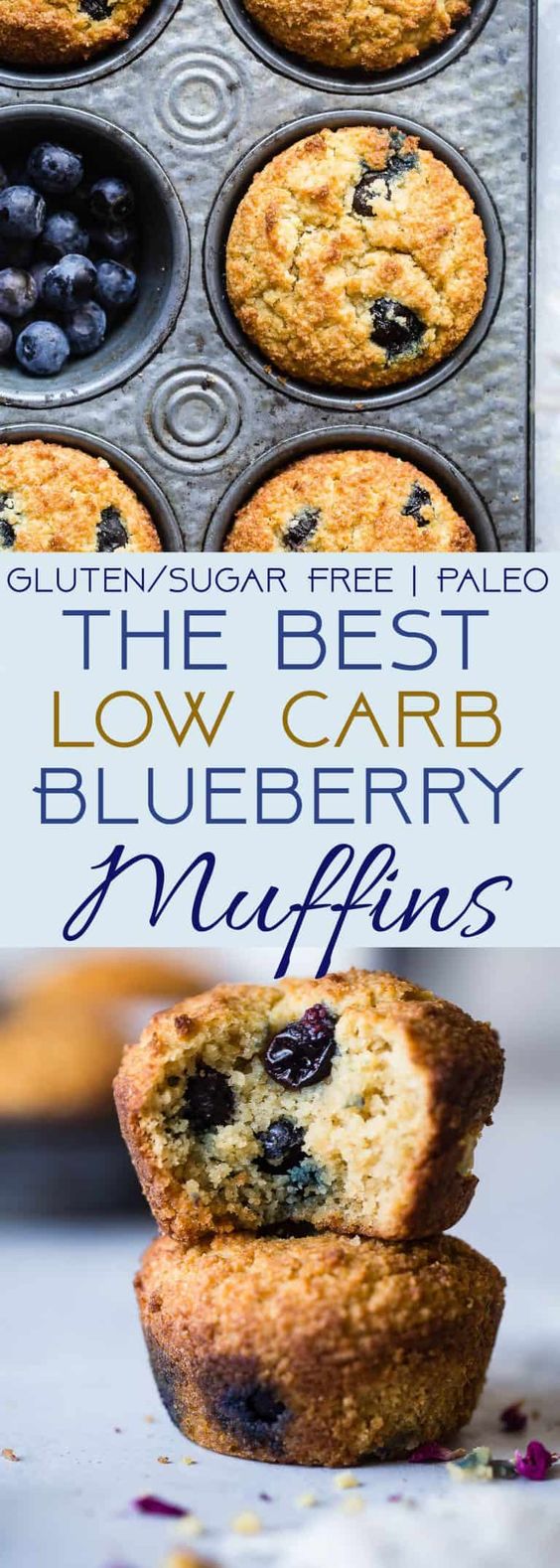 The BEST Low Carb, Sugar Free Blueberry Muffins - SO moist and tender, you'll never believe they are gluten/grain/dairy/sugar free and keto friendly! Perfect for breakfast or snacks for kids OR adults! | #Foodfaithfitness | #Lowcarb #Healthy #Glutenfree #Keto #Sugarfree