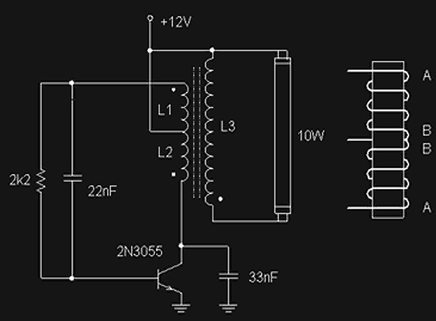 Fluorescent lamp circuit uses transistors 2N3055 - Electronic Circuit