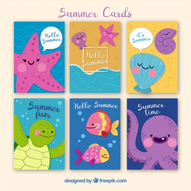 Summer cards collection with cute sea creatures Free Vector