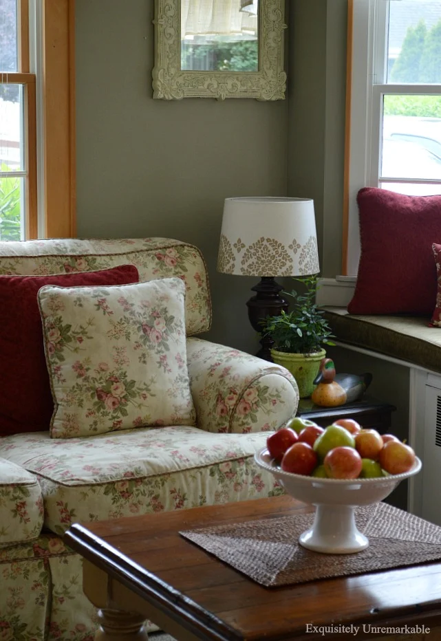 Cottage Style Family Room with floral sofa