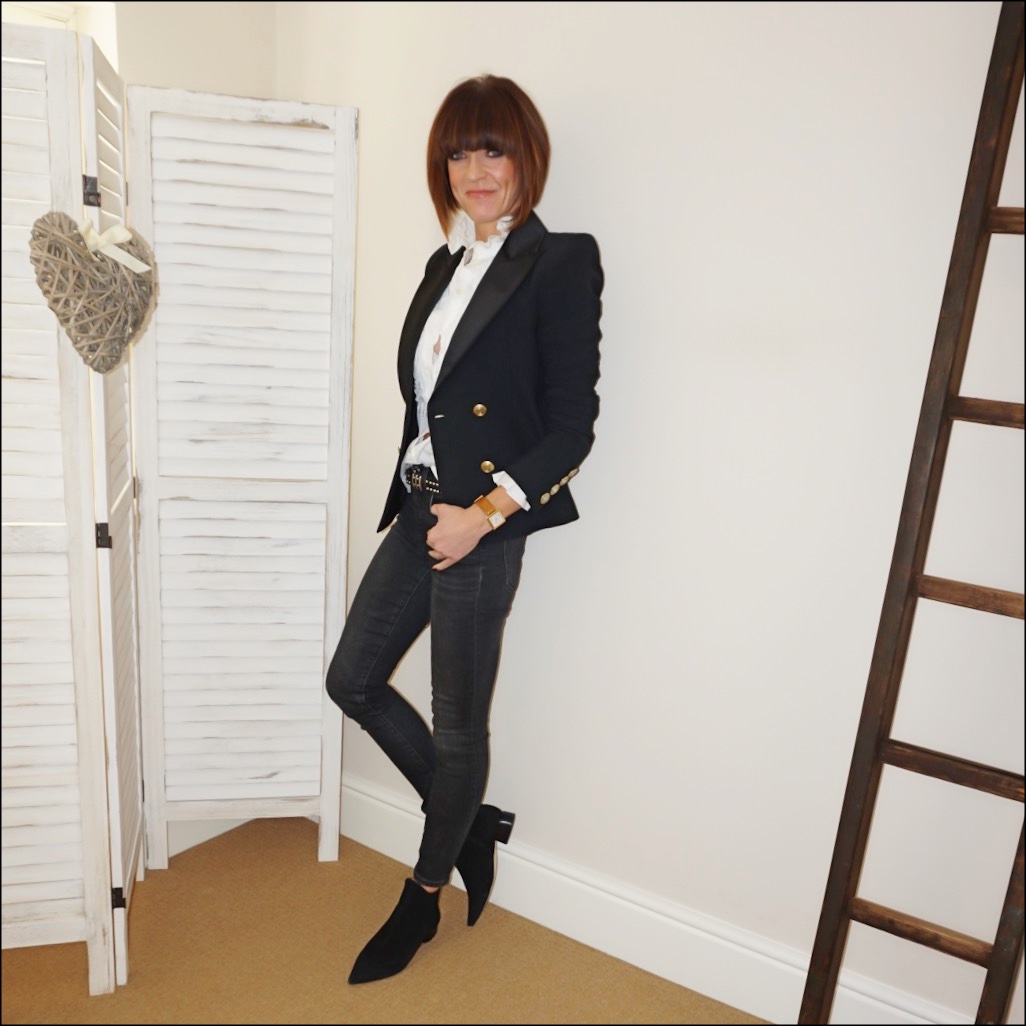 my midlife fashion, pierre balmain blazer, see by chloe ruffle blouse, the kooples studded belt, j crew 9 high rise toothpick jeans in grey, ark womens ankle boots