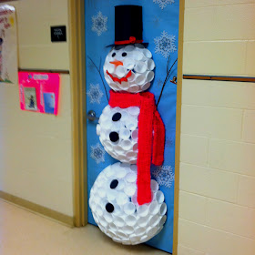 Preschool Classroom door snowman from Styrofoam cups