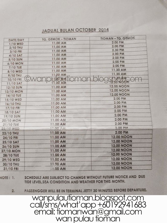 Jadual Perjalanan Feri Bulan Oktober 2014 (Mersing-Tioman-Mersing)