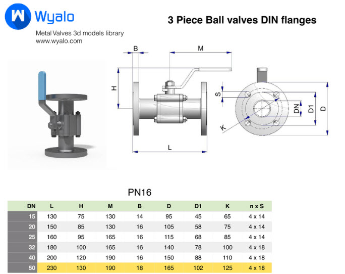 Three piece ball valve DN50 PN16 | 3D Model CAD flie for download free