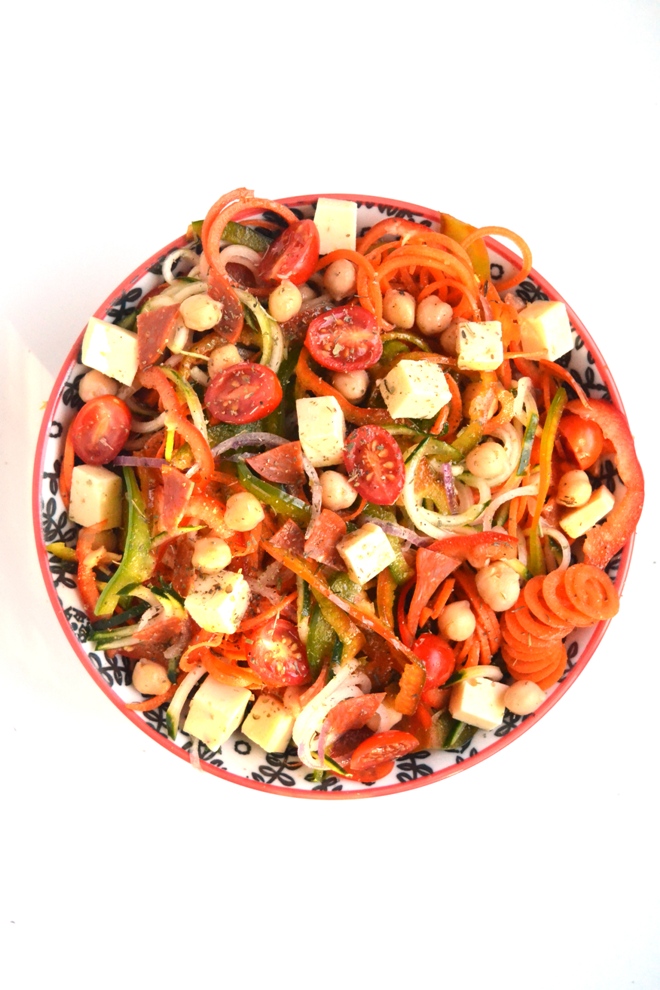 Spiralized Antipasto Salad takes a fun and unique spin on traditional antipasto salad with spiralized vegetables including peppers, onions, carrots and cucumbers, pepperoni, cheese, tomatoes, and a homemade Italian dressing! www.nutritionistreviews.com