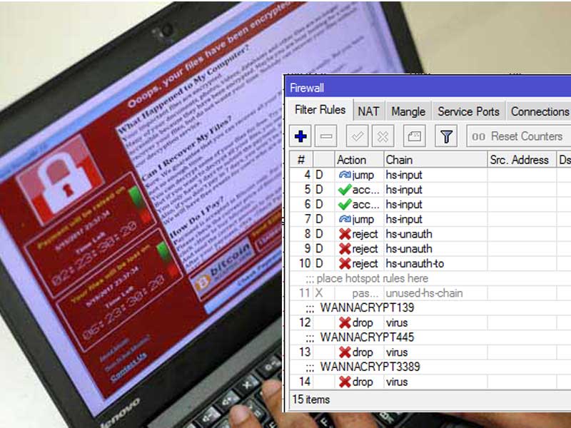 blokir wannacry di mikrotik - Cara meblokir Virus Wannacry di Mikrotik