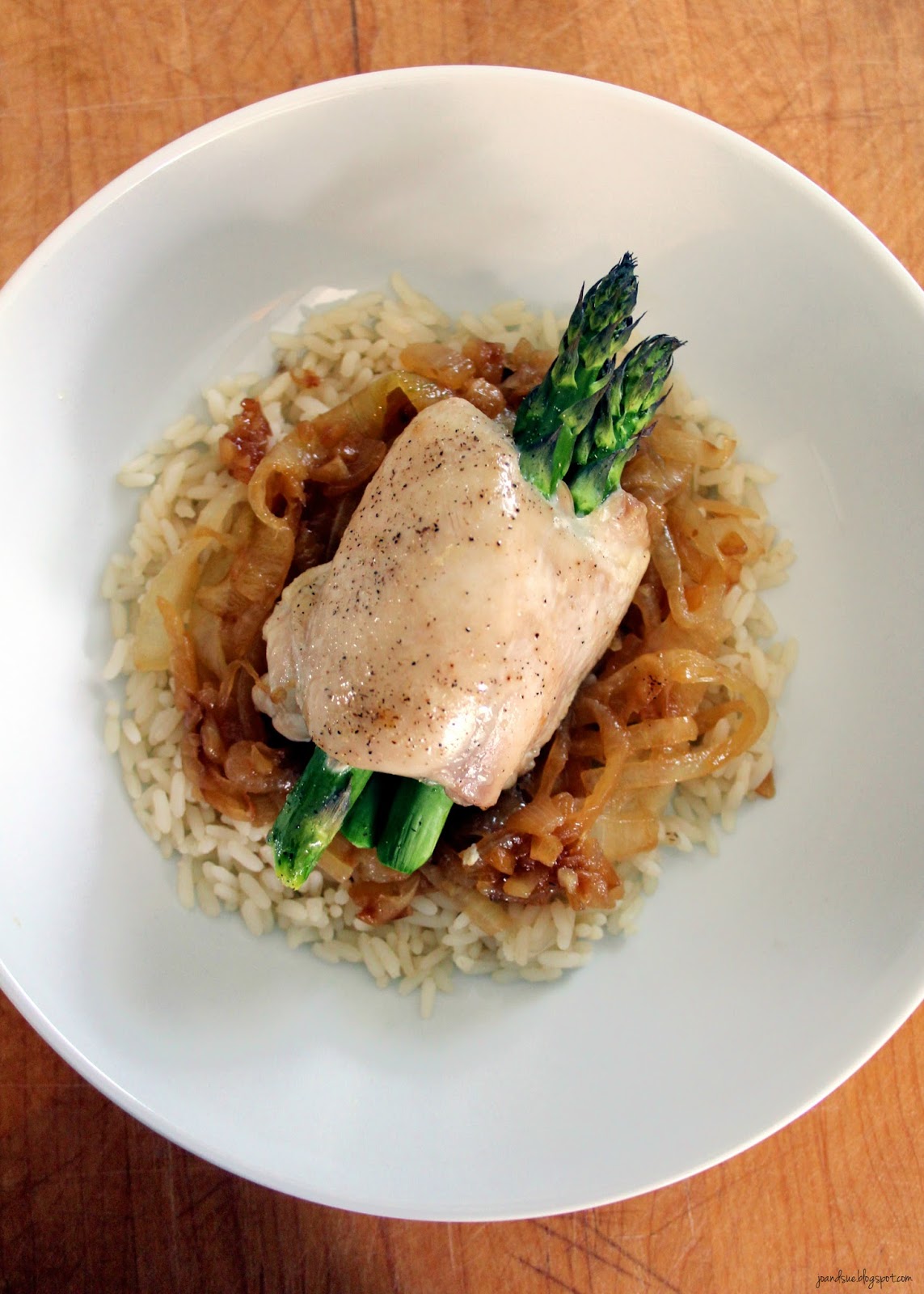 Jo and Sue Asparagus Stuffed Chicken Thighs with Caramelized Onions