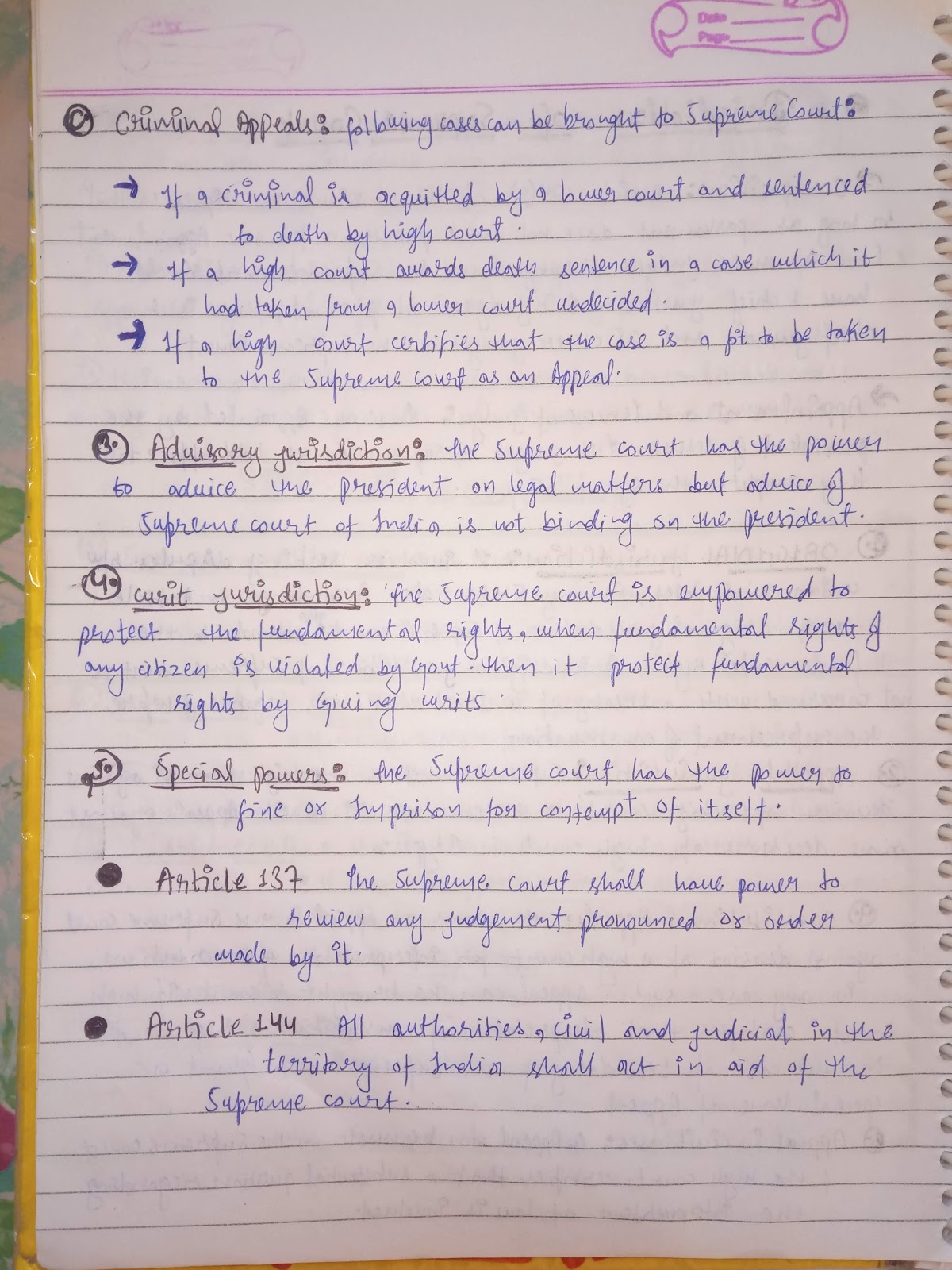 Handwritten Notes of JUDICIARY Political Science Class 11th 'Humanities'