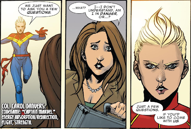 Three panels showing Captain Marvel aggressively requesting that Alison Green, who is clearly frightened, come in for questioning 
