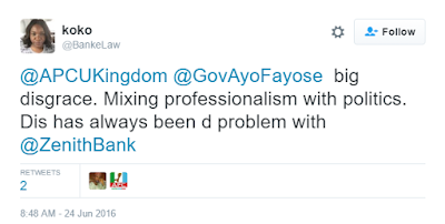 2 Nigerian twitter users react to photos of a Zenith Bank staff kneeling before Fayose