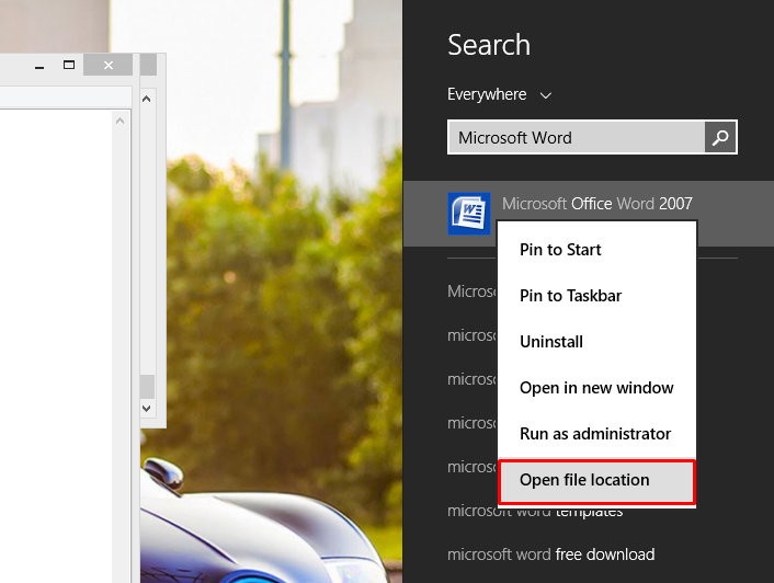 Shortcut MS Word di Desktop Windows 8