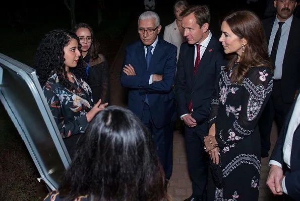 Crown Princess Mary wore Vilshenko black floral embroidered midi dress, and Notes du North lex metallic tweed blazer, Prada bag