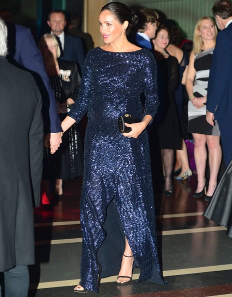 Meghan Markle wore Roland Mouret sequined gown,  Stuart Weitzman pumps, Princess Diana's bracelets