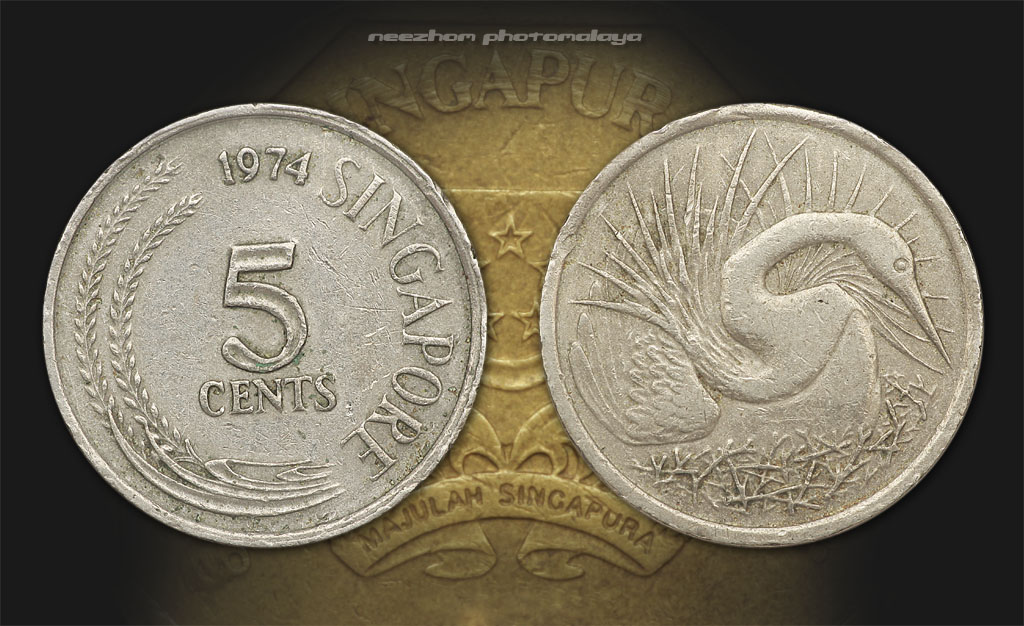 duit syiling Singapura 5 cents tahun 1974 Snake bird